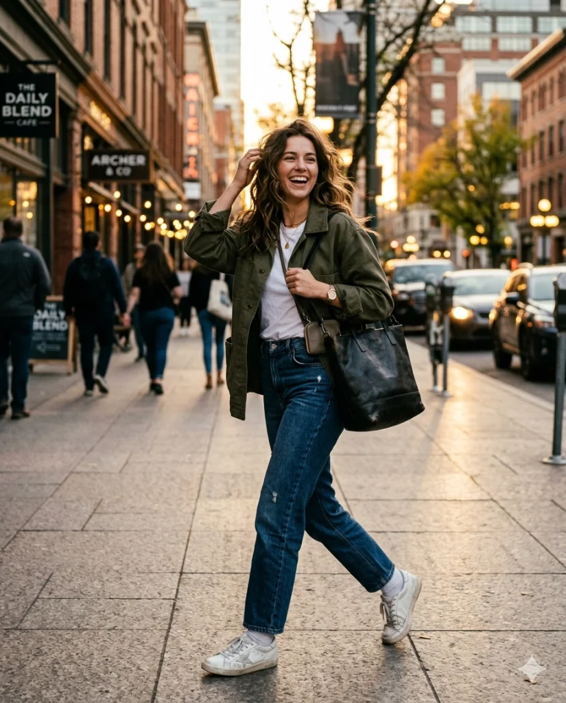 Сгенерированный Gemini портрет девушки в street style