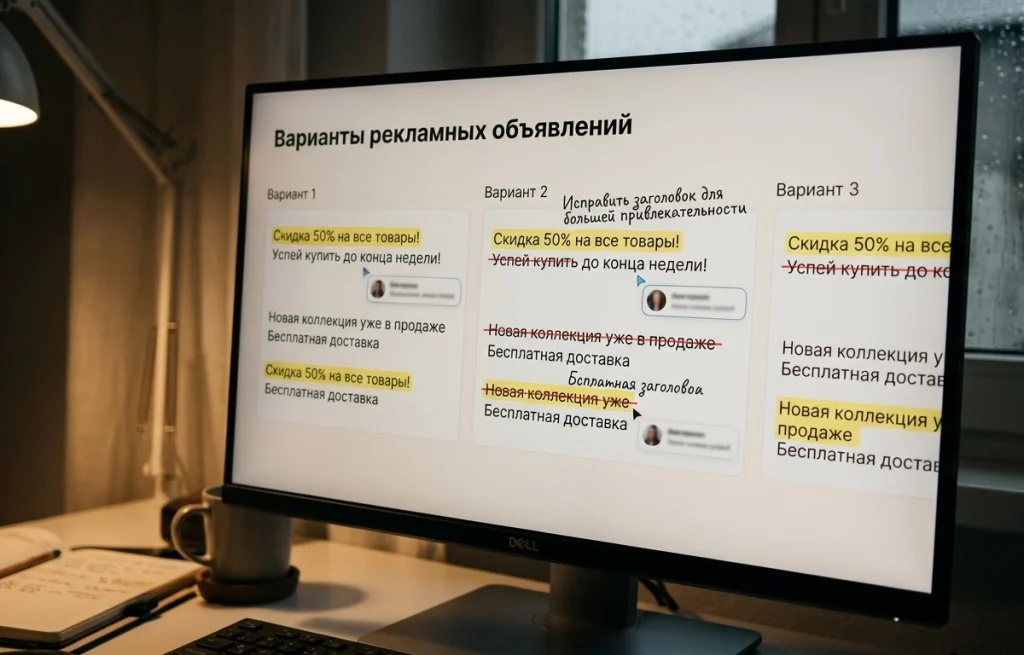 Монитор ПК маркетолога с вариантами рекламных объявлений