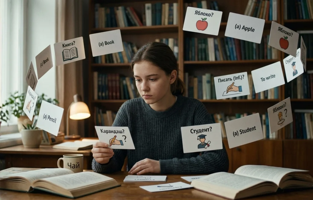 Девочка занимается английским по карточкам flashcards